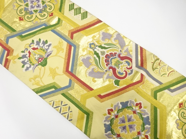 アンティーク　橋本織物製　亀甲に華文・唐花模様織り出し袋帯(材料)